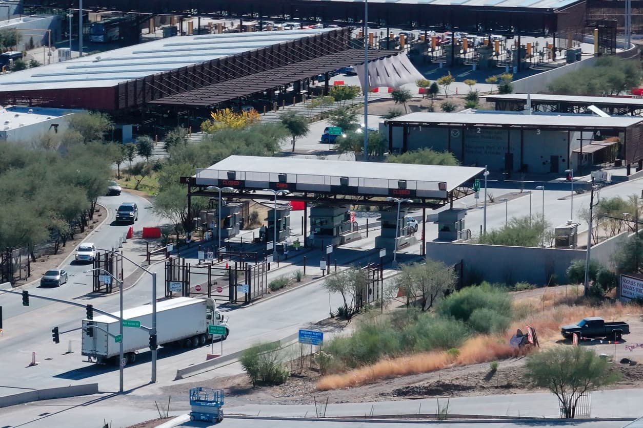 Trucks crossing an international border checkpoint