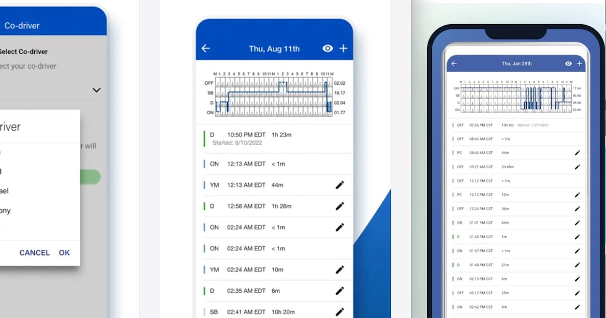 A smartphone showing an hours-of-service log app