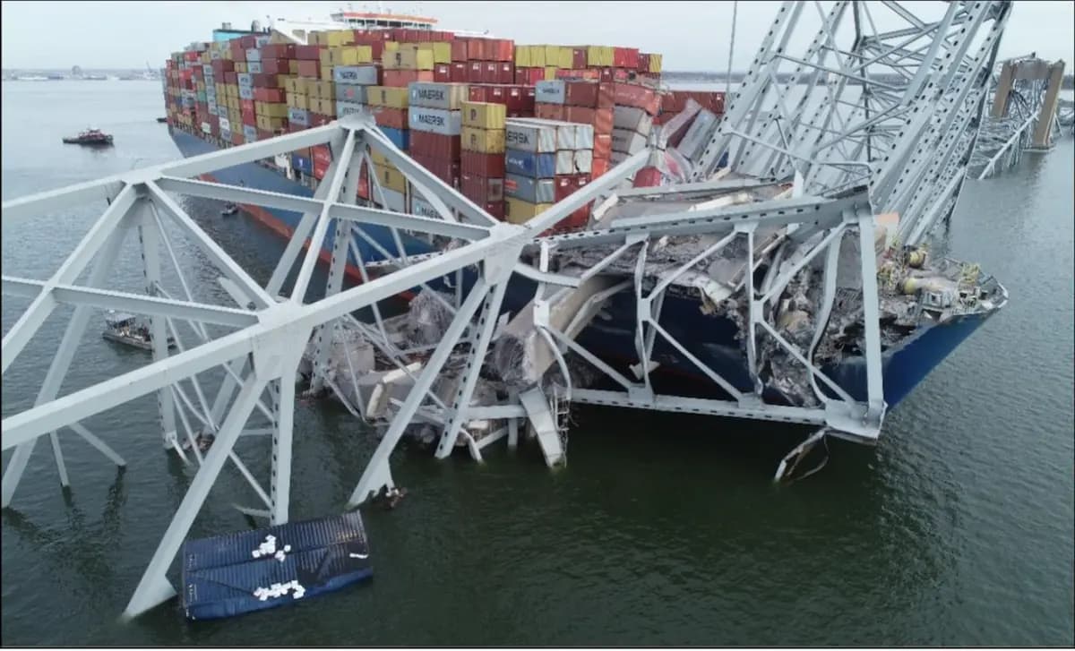 Container ship passing under a bridge